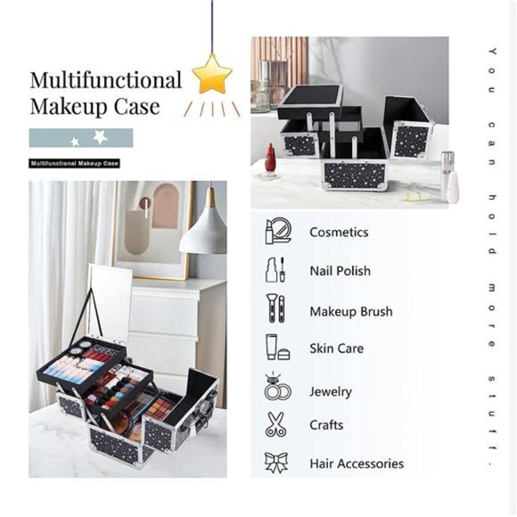 Makeup Train Case Portable Cosmetic Box 2 Trays with Mirror Lockable for Makeup - Picture 3 of 6